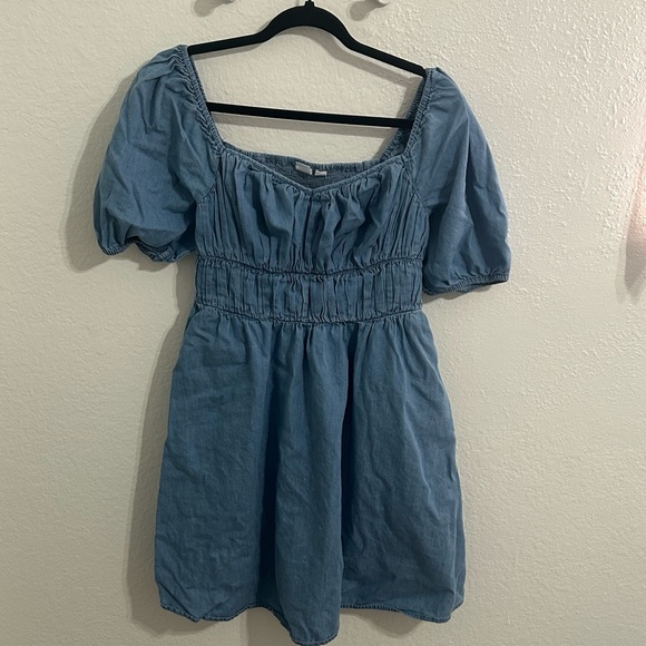 Gap Chambray Blue Puff Sleeve Smocked Mini Dress | Size S - Picture 2 of 8